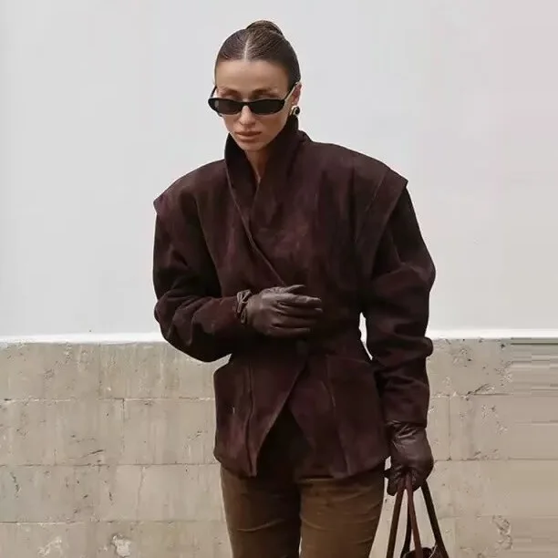 Tangada 2025 겨울 여성 브라운 인조 스웨이드 블레이저 버튼 여성 튜닉 하이 스트리트 재킷 6W42