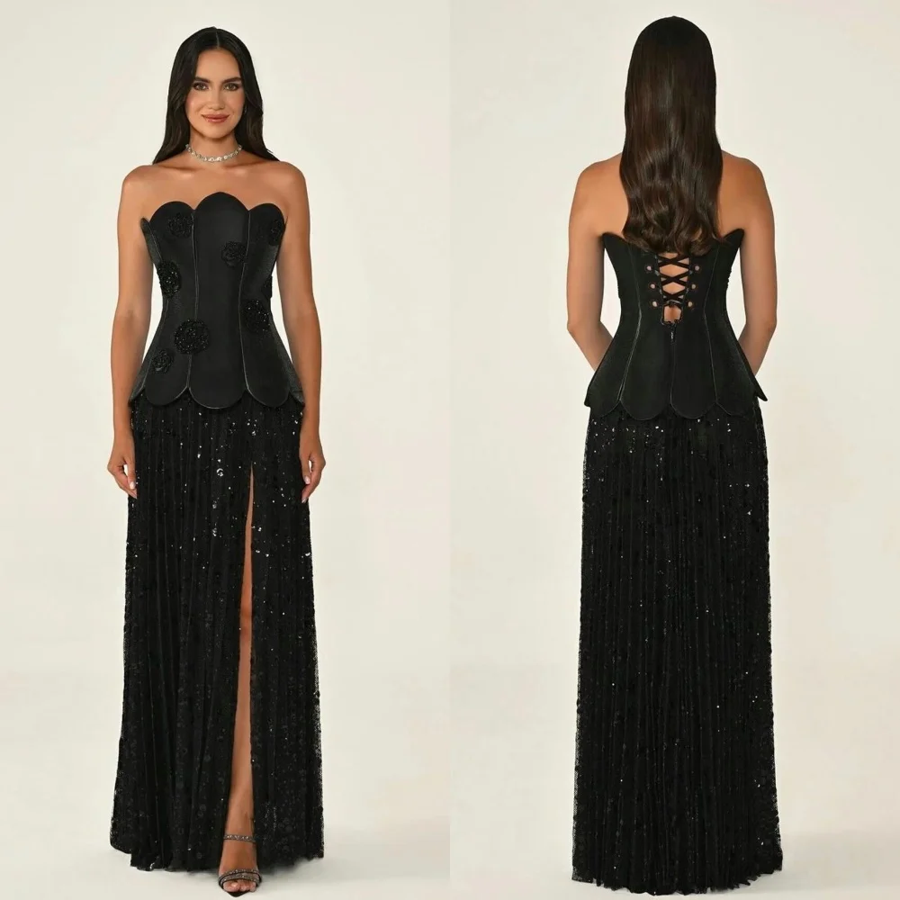 맞춤형 반짝임이 돋보이는 정교한 수제 꽃 비즈 장식 스팽글 A라인 스트랩리스 롱 드레스 맞춤형 행사 드레스 레트로