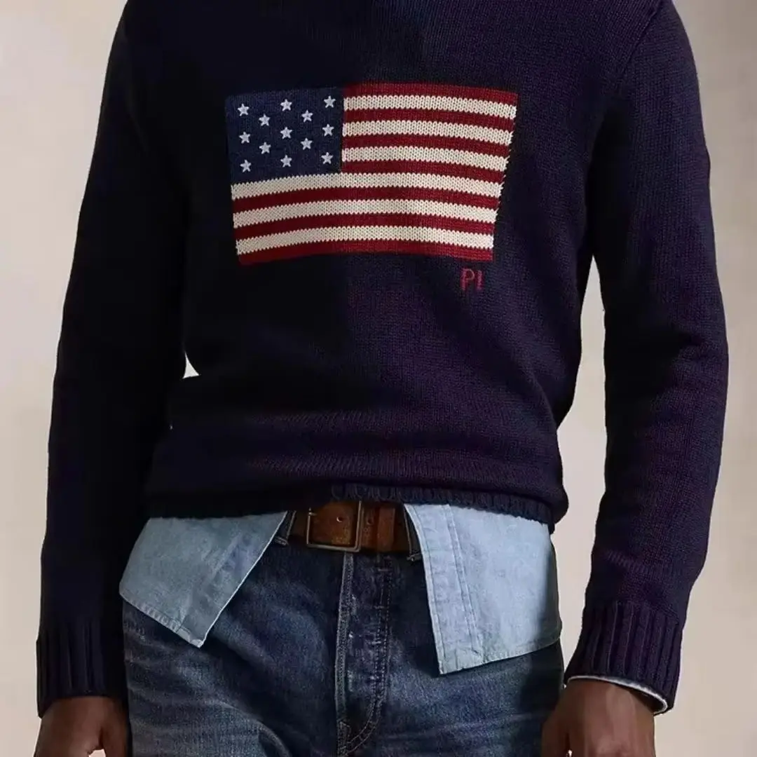 오버사이즈 스웨터 가을 겨울 헤비 인더스트리 자수 미국 국기 라운드넥 니트 스웨터 남녀 스트리트웨어 신상 탑스
