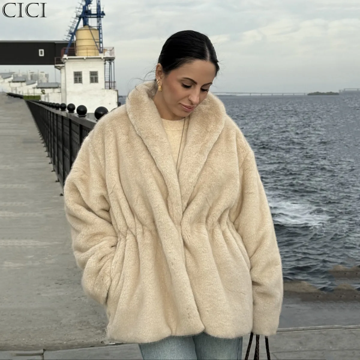 CiCi 2025 신상 여성 캐주얼 따뜻한 크롭 코트 가을 겨울용 드로스트링 폴리에스터 스판덱스 스트리트 스타일