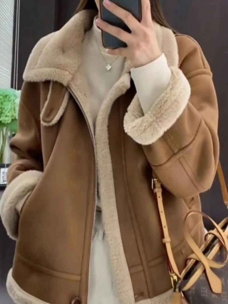 한국 스타일 여성용 두꺼운 따뜻한 루즈핏 양털 자켓 2025 신상 겨울 코트 통합 가죽 퍼 코튼 의류