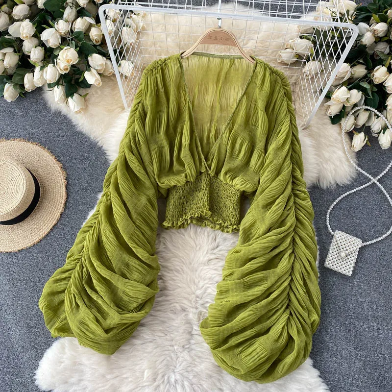 여성 섹시한 시폰 짧은 블라우스 여성 슈퍼 긴 소매 블라우스를 통해 볼 보라색/녹색/블랙/화이트 폴드 파티 탑 2022 신규