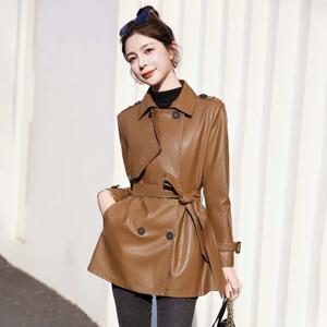 여성 중간 길이 슬림핏 가죽 코트, 다용도 단색 양가죽 트렌치 아우터, 가을 겨울 신상