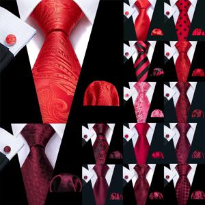 Barry.Wang 레드 적갈색 부르고뉴 로즈 실크 남성 넥타이 포켓 스퀘어 커프스 단추 세트 남성 웨딩 비즈니스 파티를위한 자카드 넥타이