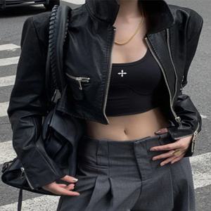 여성용 펑크 크롭 블랙 가죽 재킷, 지퍼 모토 바이커 가죽 재킷, 캐주얼 하이 스트리트, 불규칙 가죽 코트, 신상