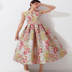 여성용 빈티지 민소매 긴 맥시 원피스, 우아한 여성 보호 자카드 꽃 탱크 파티 드레스, 슬림 베스티도, 여름