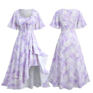 로즈갈 플러스 사이즈 타이다이 플로럴 프린트 러플 레이스업 드레스 2026 여성 여름 드레스 라이트 퍼플 스퀘어 칼라 스플릿 베스티도스