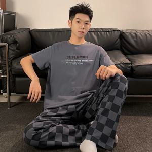 여름 남성 코튼 잠옷 세트 짧은 소매 긴 바지 L-3XL 루즈 피트 캐주얼 Homewear 어린 소년 홈 의류 Hombre Pijamas