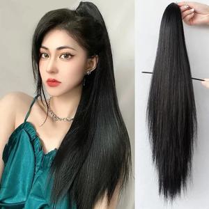 여성용 긴 스트레이트 합성 클로 클립, 포니테일 익스텐션 다크 브라운 블랙 합성 포니테일 가발, 미니 클로 클립 포함, 22 인치