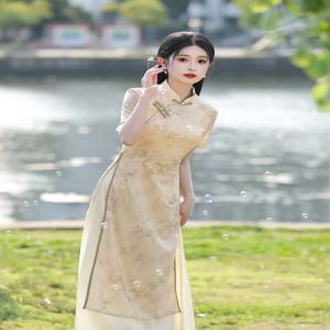 젊은 스타일 치파오 우아한 롱 드레스 몸매를 가려주는 슬림핏 데일리웨어 폴리에스터 섬유 반팔 여름 신상 중국풍