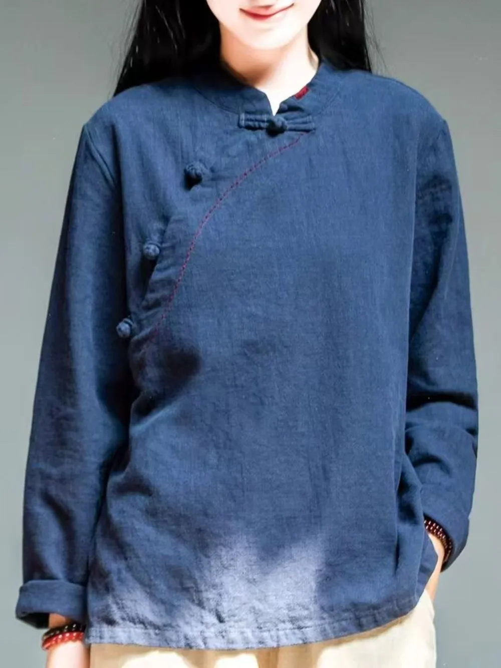 여성을위한 중국 디자인의 새로운 가을 T 셔츠 통기성 숙녀 '코튼 린넨 셔츠 블라우스 중국어 번체 Hanfu 블라우스