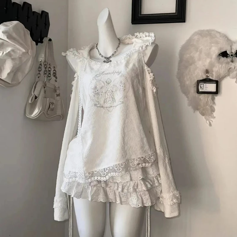 여성용 귀여운 로리타 스타일 스커트 세트, 섹시한 고딕 오프숄더 후드 탑, 귀여운 미니 케이크 스커트 정장, 한국 Y2k 2 피스 세트