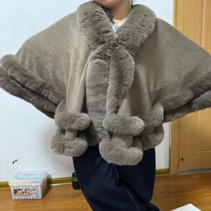 2024 여성용 긴 인조 토끼 모피 케이프 판초, 루즈, 두껍고 따뜻한 숄, 겉옷, 니트 망토, 오버코트, 2 서클 랩, 겨울