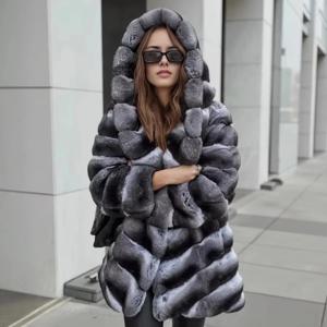 여성용 모피 코트, 친칠라 모피, 리얼 렉스 토끼 모피 코트, 후드 포함, 럭셔리 브랜드, 겨울