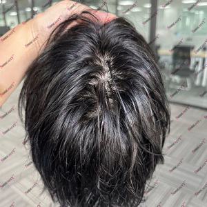 레이스 프론트 실크 탑 천연 블랙 남성 남성용 인간의 머리 가발 버진 인간의 머리카락 통기성 모세관 보철제 머리 교체