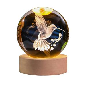 3D 레이저 새겨진 조류 크리스탈 공 LED 스탠드 60mm Hummingbird 선물 여성을위한 장식 유리 동물 입상 룸 생일