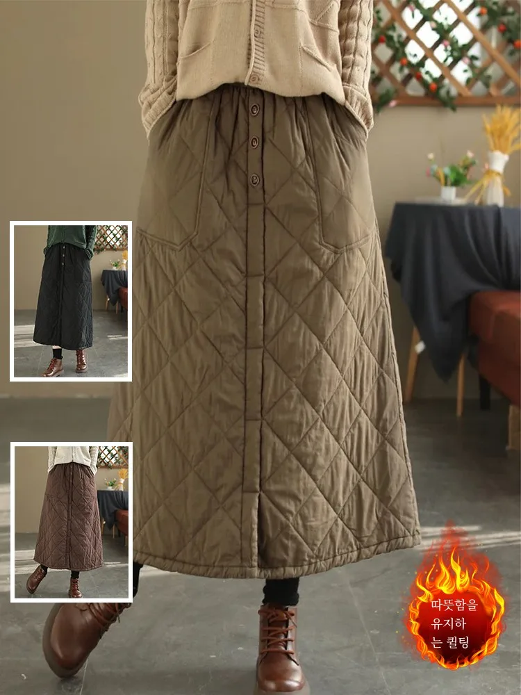 하이웨이스트 A라인 스커트 포켓 포함 퀼팅 코튼 하프 길이 슬림핏 스플릿 따뜻한 겨울 롱 스커트 플러스 사이즈 여성용
