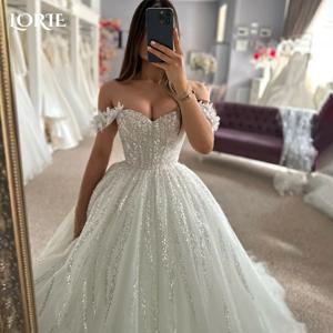 LORIE 빈티지 반짝이 3D 꽃 웨딩 드레스 a 라인 오프 어깨 아가 신부 가운 공주 반짝 이는 신부 가운 맞춤형