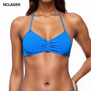 NCLAGEN 스트랩 브라 짐 탑 여성용 하이 서포트 얇은 스트랩 심리스 홀터 스포츠 브라 스크런치 운동 요가 속옷 패드 포함