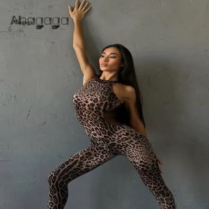 Ahagaga 섹시한 클럽 여성 레오파드 점프 슈트 오-넥 민소매 슬림 패션 스키니 streetwear 긴 바지 패션 여성 rompers