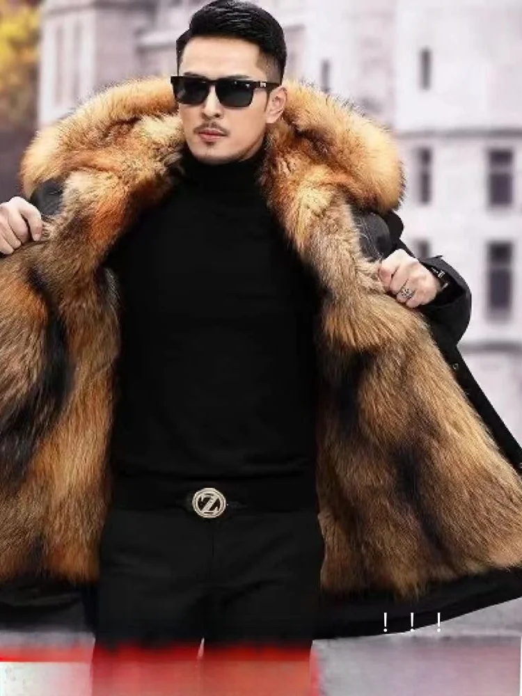 친환경 남성 파카 코트 폭스 퍼 칼라 탈부착 가능 중간 길이 겨울 재킷 긴 소매 후드 캐주얼 아우터웨어