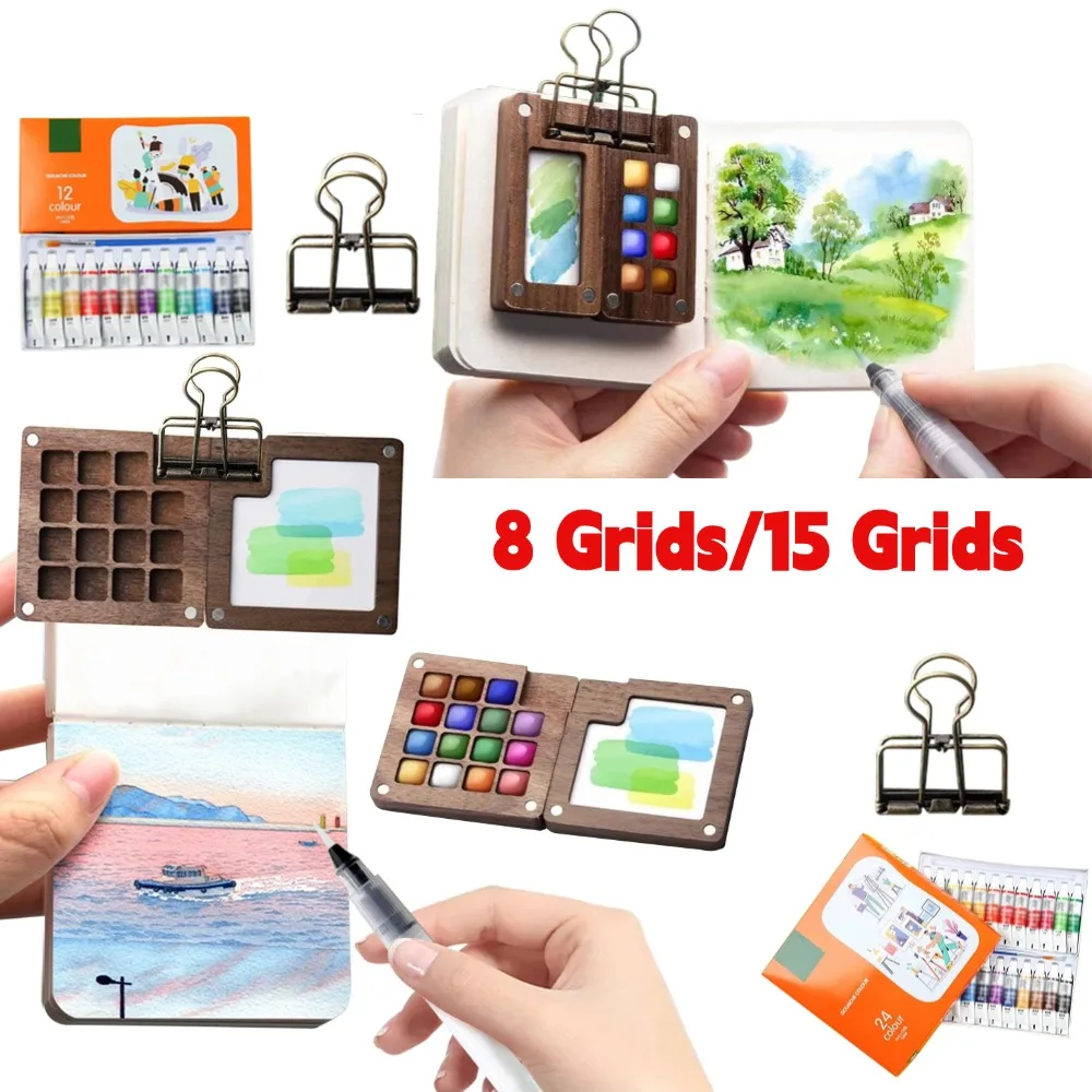 휴대용 8/15 색 수채화 페인트 상자 세트, 미니 팔레트 수채화 페인트 포장, 학생용 여행 스케치 미술 용품