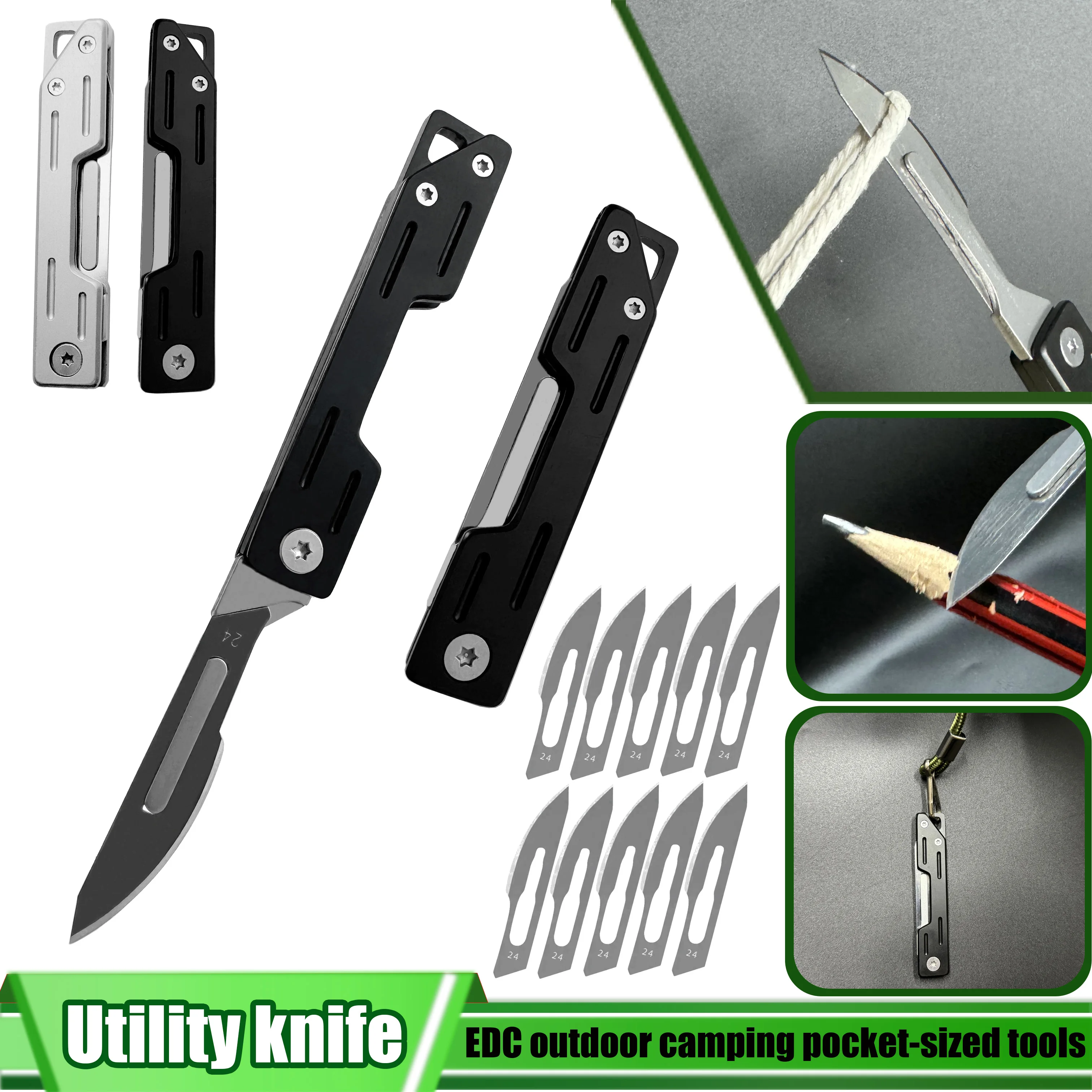 10개의 교체 가능한 칼날이 있는 미니 스테인레스 스틸 접이식 유틸리티 나이프, 휴대용 야외 캠핑 열쇠 고리 EDC 도구