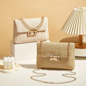 짠 밀짚 손으로 짠 여성용 숄더백, 잠금 장치가 있는 패션 단색 크로스바디 지갑