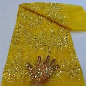럭셔리 노란색 장식 조각 튜브 비즈 결혼식을위한 레이스 원단 2025 새로운 디자인 이브닝 드레스에 대한 프랑스어 아프리카 얇은 명주 그물 레이스