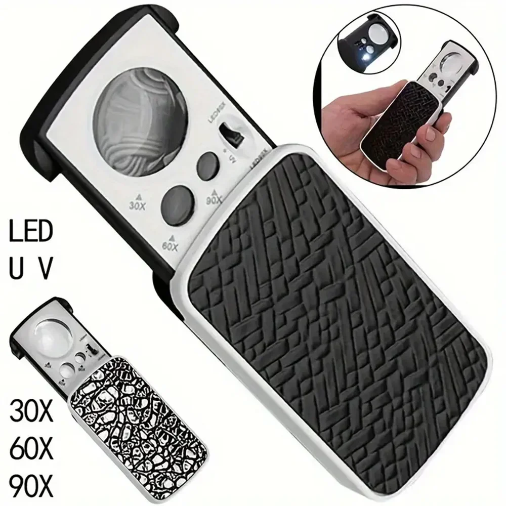 정밀 보석학 및 마이크로 조각을 위한 휴대용 삼중 확대 루페 30X-90X-슬라이드 아웃 LED/UV 조명 보석 돋보기