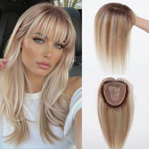 갈색 금발 하이라이트 인간의 머리카락 토퍼 5x5.5 인치 실크베이스 헤어 조각 여성 탈모를위한 3 클립이있는 14 인치 실제 토퍼