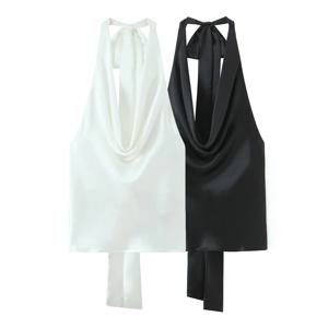 여성 캐주얼 새틴 홀터 탑 조절 가능한 넥타이 민소매 오픈 백 솔리드 칼라 조끼 여름 해변 스타일 캐주얼 여성 블라우스