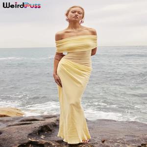 이상한 Puss Ruched 불규칙 드레스 여성 메쉬 패치 워크 슬래시 목 짧은 소매 스키니 스트레치 트렌드 우아한 긴 Bodycon 의상