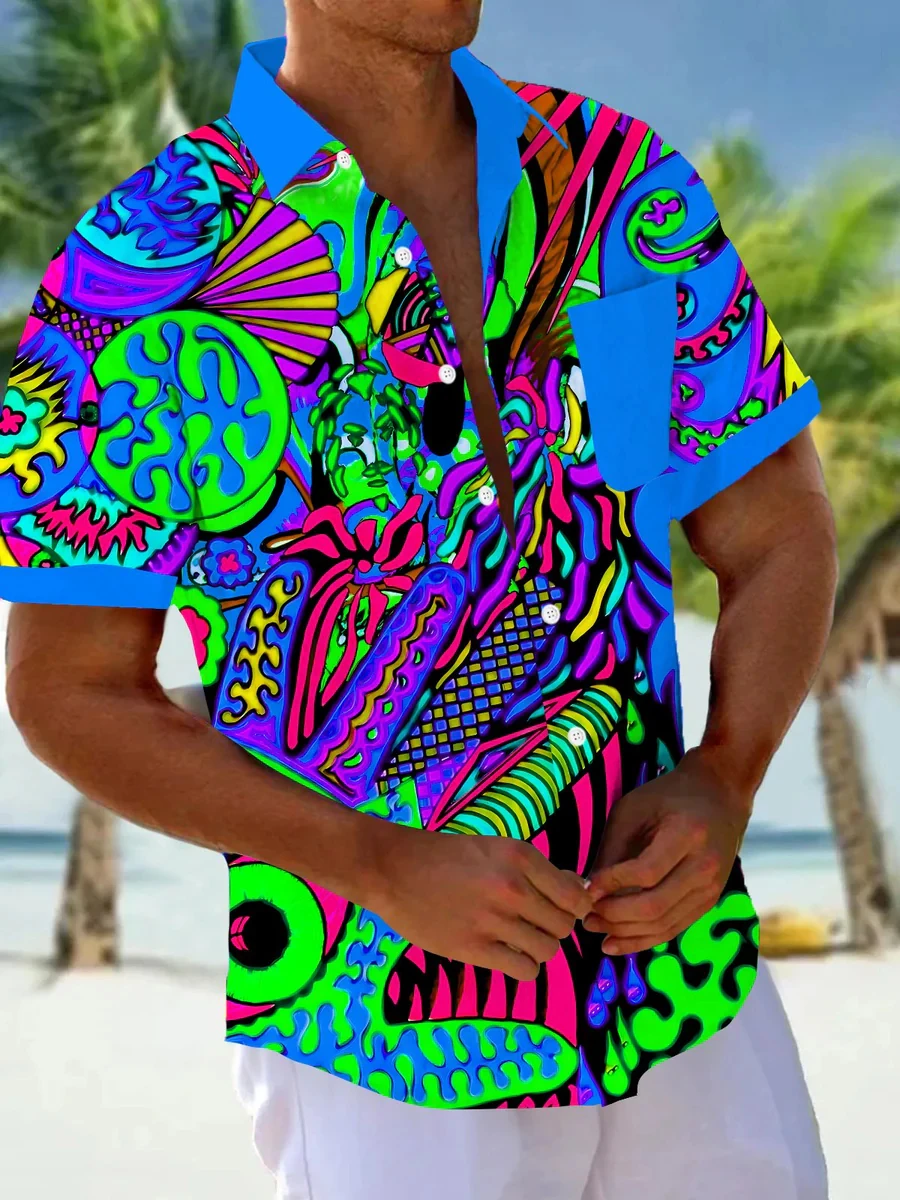 남성용 반팔 셔츠 아트 페인팅 추상 만화 프린트 여름 버튼 셔츠 캠핑 셔츠 반팔 남성용 캐주얼 셔츠