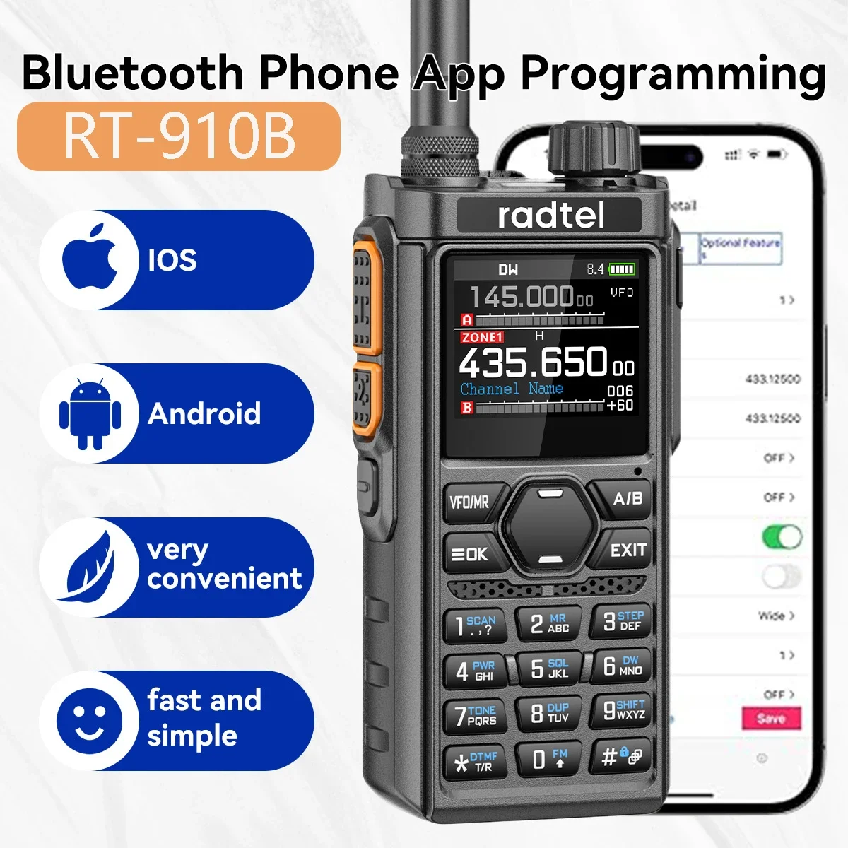 Radtel RT-910B 45-59Mhz TX RX 무전기 960채널, AM/FM, 에어밴드, C타입 스펙트럼, 블루투스 노이즈 감소 NOAA 지원