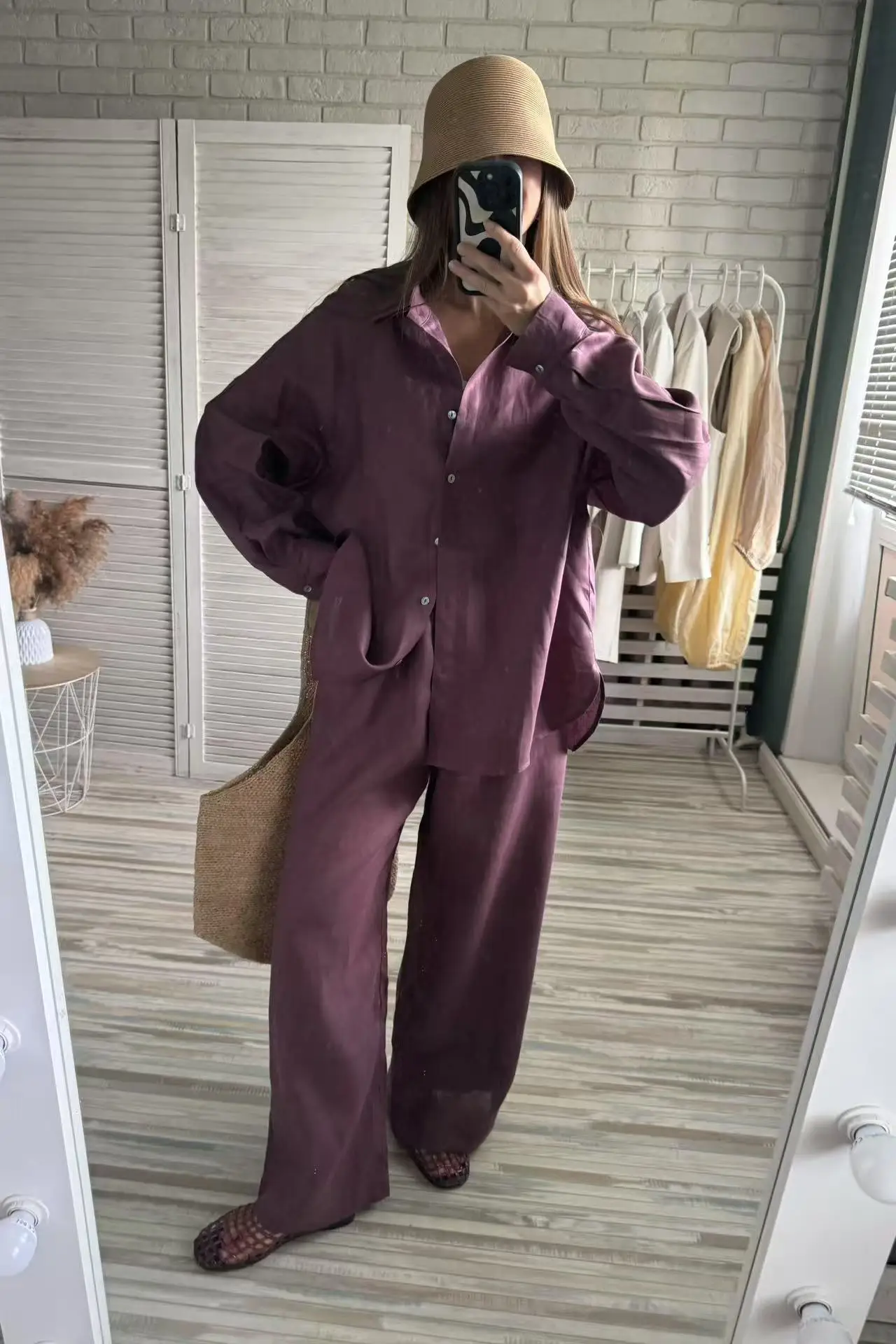 2025 여름 여성 린넨 기모노 바지 세트