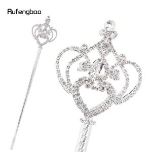 흰색 왕관 다이아몬드 합금 왕관 요정 지팡이 공주님용 천사 지팡이 파티 의상 웨딩 생일 파티 50cm