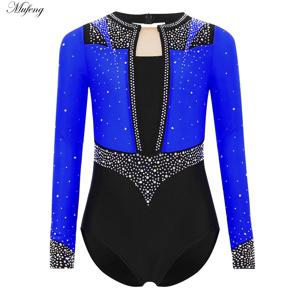 키즈 소녀 반짝 이는 라인 석 체조 레오타드 긴 소매 열쇠 구멍 점프 슈트 바디 슈트 발레 댄스웨어 피겨 스케이팅 의상