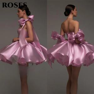 로즈 핑크 시크 이브닝 드레스 스윗하트 새틴 숏 드레스 볼룸 스커트와 보우 장식의 프롬 드레스 맞춤 제작