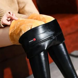 겨울 여성을위한 추가 두꺼운 PU 반짝 이는 가죽 레깅스 바지 분할 없음 하이 웨이스트 슬리밍 긴 바지 플러스 사이즈 S-5XL