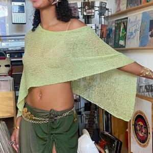 여성 시스루 판초 탑 가벼운 니트 숄 오프숄더 메쉬 블라우스 커버업 탑