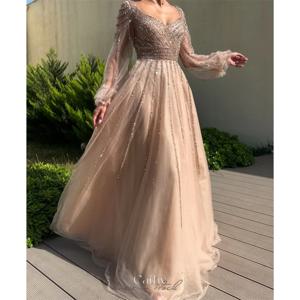 Cathy 맞춤형 A 라인 v 넥 페르시 댄스 파티 드레스 Tulle Long Sleeve vestidos de noiva 우아한 바닥 길이 정장 저녁 2025