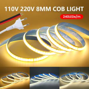 5M 10M 15M 20M 110V 220V COB LED 스트립 라이트 초고휘도 240LEDs/M 2핀 와이어 테이프 플렉스 리본 EU US 플러그 실내 조명 8MM PCB