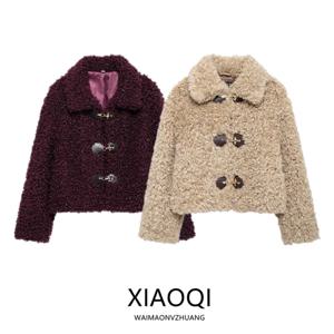 여성용 플리스 안감 긴 소매 숏 코트 가을 겨울 신상품 방풍 따뜻한 코트 더블 브레스티드 루즈핏 아우터웨어