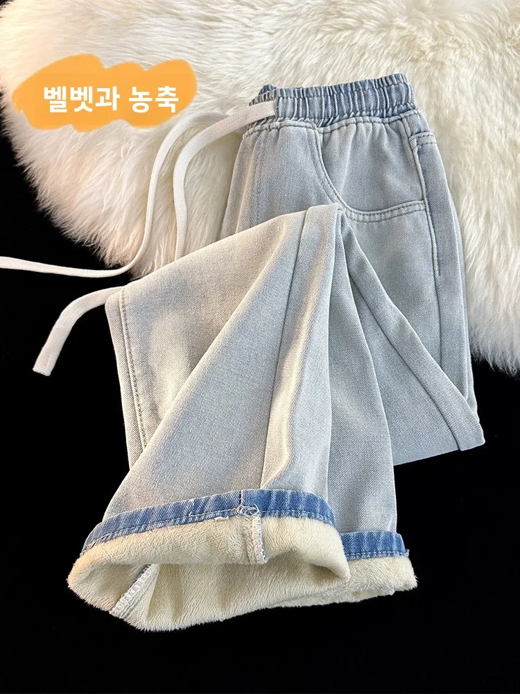 두꺼운 플리스 안감 탄력 있는 허리 스트레이트 레그 남성용 청바지 겨울 따뜻한 캐주얼 바지 로우 웨이스트 롱 팬츠 청소년 패션