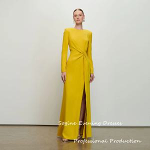 슬릿이 있는 맞춤형 크레이프 이브닝 드레스, 주름 장식이 있는 O넥 롱 프롬 드레스, 긴 소매 이브닝 드레스, 빠른 배송