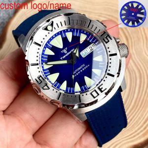 커스텀 42mm NH36A 남성용 오토매틱 시계 몬스터 블루 다이얼 AR 사파이어 글라스 3.8시 크라운 야광 20ATM 다이빙 러버 스트랩