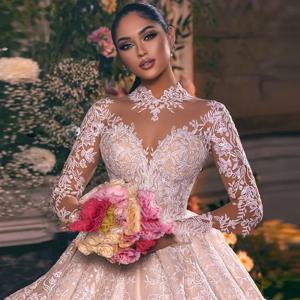 맞춤형 긴팔 볼 가운 웨딩드레스 2025 O넥 프린세스 일루전 브라이덜 가운 럭셔리 로브 마리아쥬 베스티도스 노비아