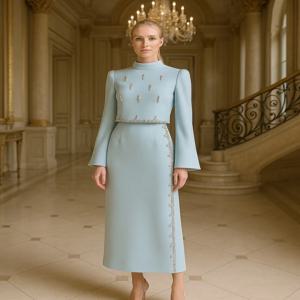 맞춤 제작 저지 스팽글 반짝이 하이 칼라 스트레이트 미디 드레스 맞춤 행사 여성 우아한 파티 웨딩 정장