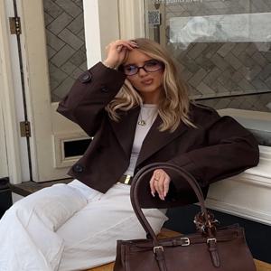 브라운 더블 브레스트 짧은 트렌치 코트 여성 캐주얼 옷깃 긴 소매 포켓 크로프트 자켓 레이디 통근 오피스 스트리트웨어